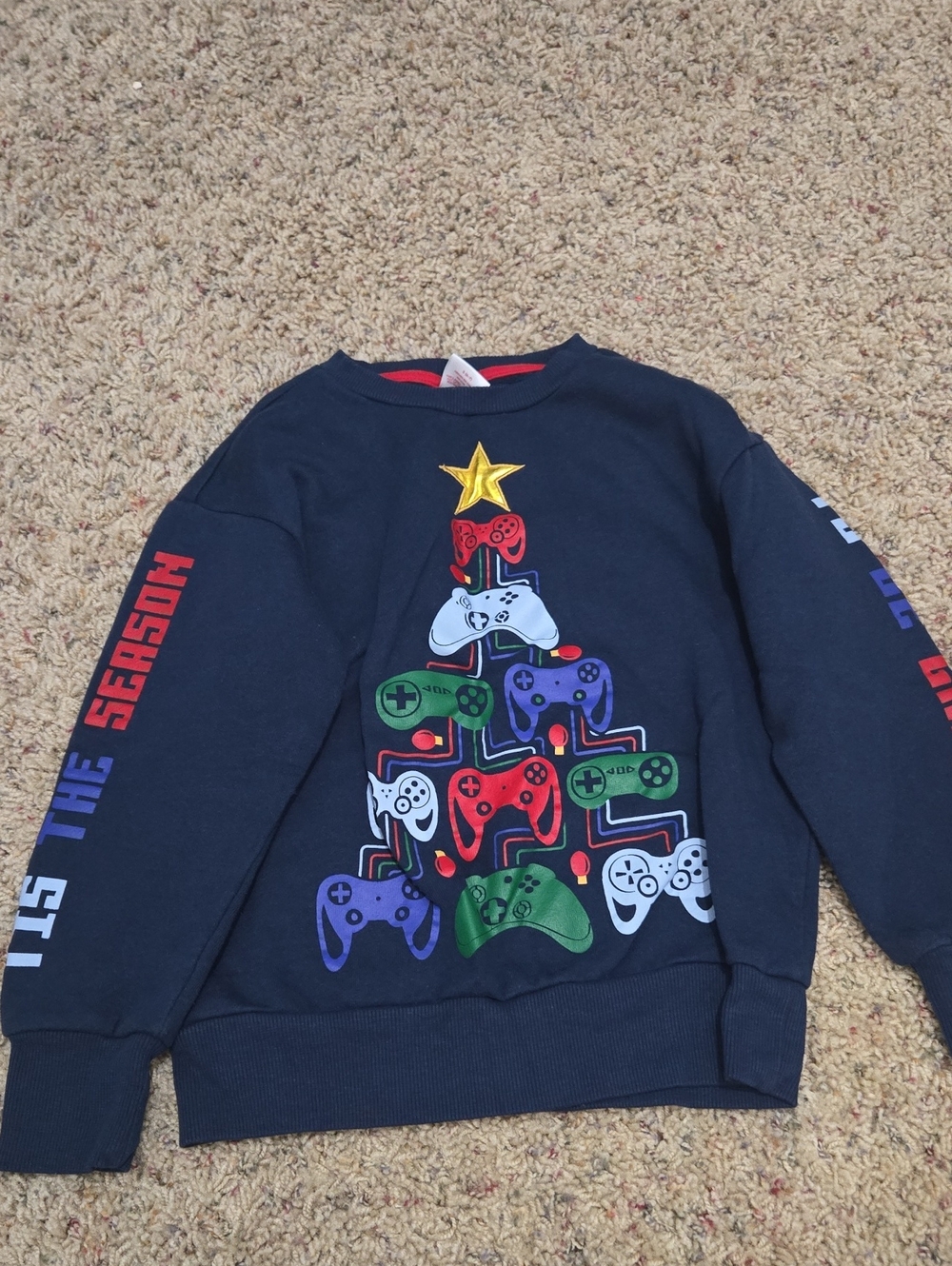 Holiday Time Navy Sweatshirt with Colorful Controller Tree Graphic